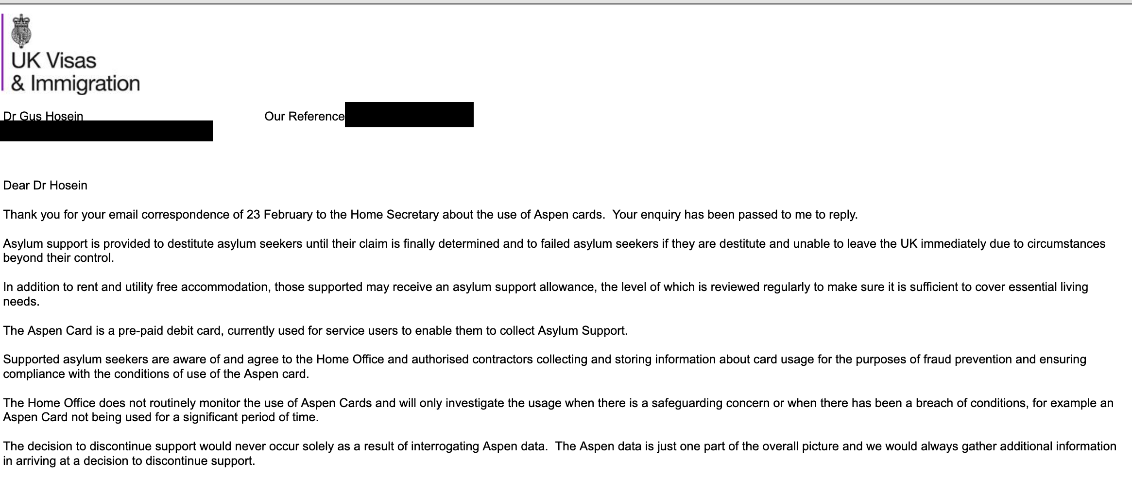 The UK Home Office still has questions to answer about the Aspen Card